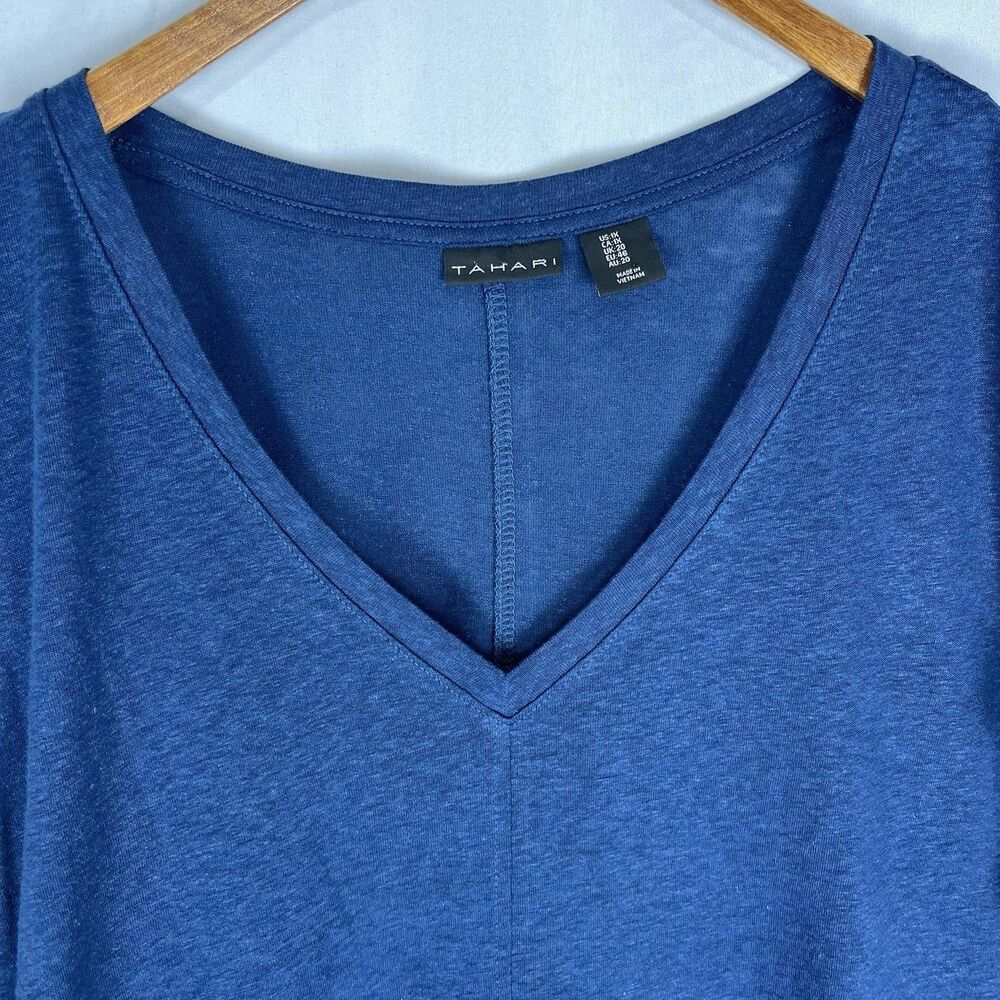 Tahari Womens Plus Size Blue V Neck Top Linen Lyocell Relaxed Fit - Picture 5 of 11